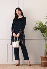 Indo-Western Dark Blue Velvet Coord Set with Multi Colored Embroidery