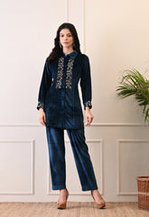 Indo-Western Velvet Coord Set With Mirror Work and Embroidery - Set of 2