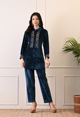 Indo-Western Velvet Coord Set With Mirror Work and Embroidery - Set of 2