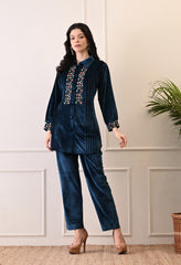 Indo-Western Velvet Coord Set With Mirror Work and Embroidery - Set of 2