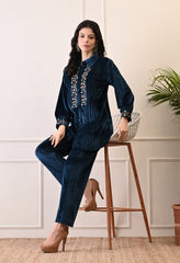 Indo-Western Velvet Coord Set With Mirror Work and Embroidery - Set of 2