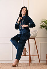 Indo-Western Velvet Coord Set With Mirror Work and Embroidery - Set of 2