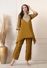 Golden Brown Crush Silk Sequin Work Co-ord Set- Set of 2