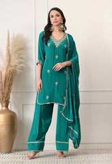 Sea Green Crepe Dabka Zari Embroidered Suit- Set of 3