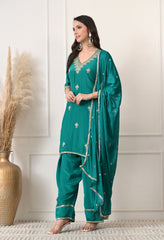 Sea Green Crepe Dabka Zari Embroidered Suit- Set of 3