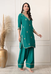 Sea Green Crepe Dabka Zari Embroidered Suit- Set of 3