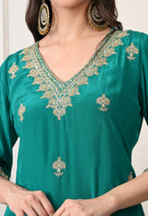 Sea Green Crepe Dabka Zari Embroidered Suit- Set of 3