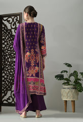 Purple Pure Crepe A-Line Digital Print with Zari Work Detailing Suit - Set of 3