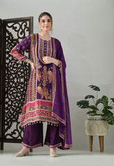 Purple Pure Crepe A-Line Digital Print with Zari Work Detailing Suit - Set of 3