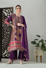 Purple Pure Crepe A-Line Digital Print with Zari Work Detailing Suit - Set of 3