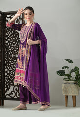 Purple Pure Crepe A-Line Digital Print with Zari Work Detailing Suit - Set of 3