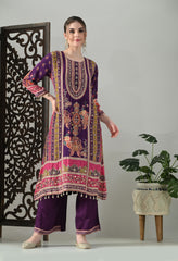 Purple Pure Crepe A-Line Digital Print with Zari Work Detailing Suit - Set of 3