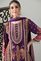 Purple Pure Crepe A-Line Digital Print with Zari Work Detailing Suit - Set of 3