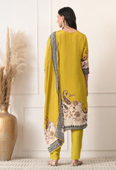 Lime Green Crepe Digital Print Hand Embroidered Suit - Set of 3