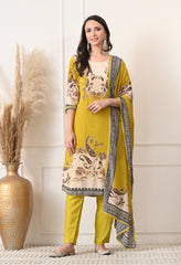Lime Green Crepe Digital Print Hand Embroidered Suit - Set of 3