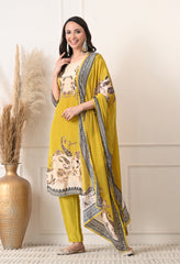 Lime Green Crepe Digital Print Hand Embroidered Suit - Set of 3
