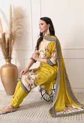 Lime Green Crepe Digital Print Hand Embroidered Suit - Set of 3