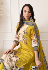 Lime Green Crepe Digital Print Hand Embroidered Suit - Set of 3