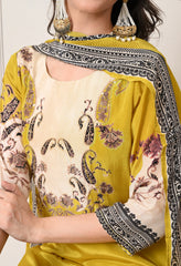 Lime Green Crepe Digital Print Hand Embroidered Suit - Set of 3