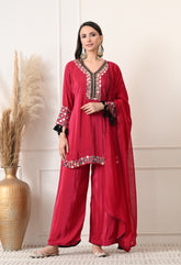 Fuchsia Pink Crepe Real Mirror Zari Work Suit- Set of 3