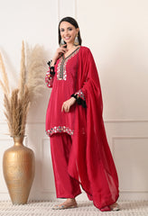 Fuchsia Pink Crepe Real Mirror Zari Work Suit- Set of 3