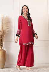 Fuchsia Pink Crepe Real Mirror Zari Work Suit- Set of 3