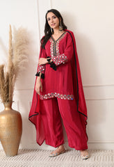 Fuchsia Pink Crepe Real Mirror Zari Work Suit- Set of 3