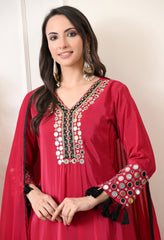 Fuchsia Pink Crepe Real Mirror Zari Work Suit- Set of 3