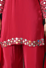 Fuchsia Pink Crepe Real Mirror Zari Work Suit- Set of 3