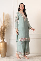 Powder Blue Chinon Embroidered Sharara Suit- Set of 3
