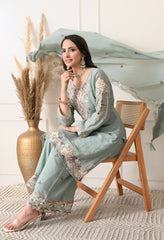 Powder Blue Chinon Embroidered Sharara Suit- Set of 3