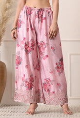 Pink Chinon Zari Mirror Cut Work Floral Sharara Suit- Set of 3