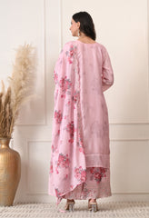 Pink Chinon Zari Mirror Cut Work Floral Sharara Suit- Set of 3