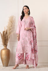 Pink Chinon Zari Mirror Cut Work Floral Sharara Suit- Set of 3
