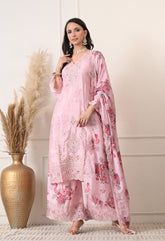 Pink Chinon Zari Mirror Cut Work Floral Sharara Suit- Set of 3