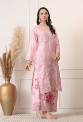 Pink Chinon Zari Mirror Cut Work Floral Sharara Suit- Set of 3