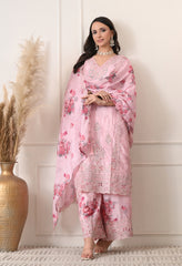 Pink Chinon Zari Mirror Cut Work Floral Sharara Suit- Set of 3