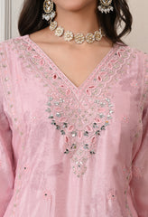 Pink Chinon Zari Mirror Cut Work Floral Sharara Suit- Set of 3