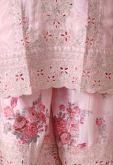 Pink Chinon Zari Mirror Cut Work Floral Sharara Suit- Set of 3