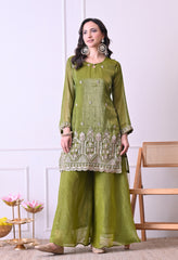 Green Crush Tissue Beads Sequin Embroidered Sharara Suit - Set of 3