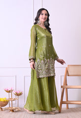 Green Crush Tissue Beads Sequin Embroidered Sharara Suit - Set of 3