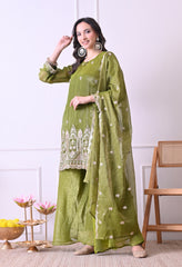 Green Crush Tissue Beads Sequin Embroidered Sharara Suit - Set of 3