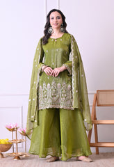 Green Crush Tissue Beads Sequin Embroidered Sharara Suit - Set of 3