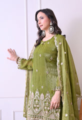 Green Crush Tissue Beads Sequin Embroidered Sharara Suit - Set of 3