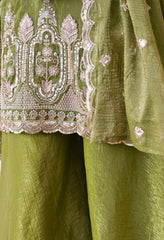 Green Crush Tissue Beads Sequin Embroidered Sharara Suit - Set of 3