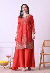 Rust Orange Crepe Beads Sequin Embroidered Sharara Suit - Set of 3
