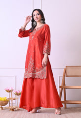 Rust Orange Crepe Beads Sequin Embroidered Sharara Suit - Set of 3