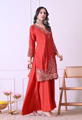 Rust Orange Crepe Beads Sequin Embroidered Sharara Suit - Set of 3