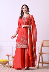 Rust Orange Crepe Beads Sequin Embroidered Sharara Suit - Set of 3