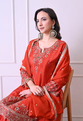 Rust Orange Crepe Beads Sequin Embroidered Sharara Suit - Set of 3